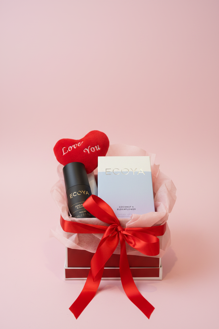Eccoya product with a red bow and heart-shaped 'Love You' sign on a soft surface.