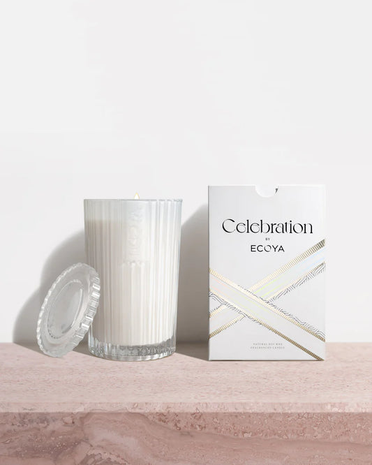 345g ECOYA Celebration Candle in art deco-inspired cut glass vessel, infused with White Musk & Warm Vanilla fragrance, offering up to 70 hours of burn time.